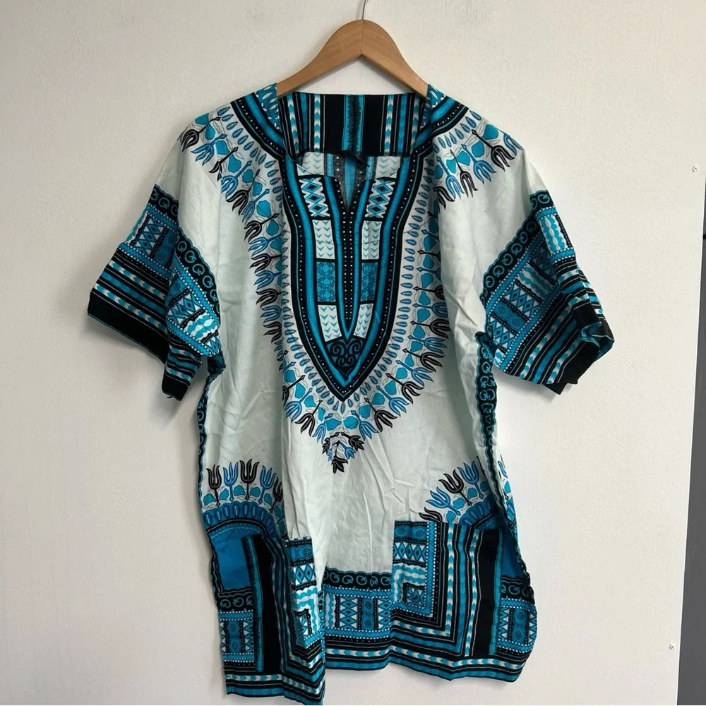 RaanPahMaung Unisex Large Dashki Blue White Pockets Cotton Tribal Short Sleeve‎